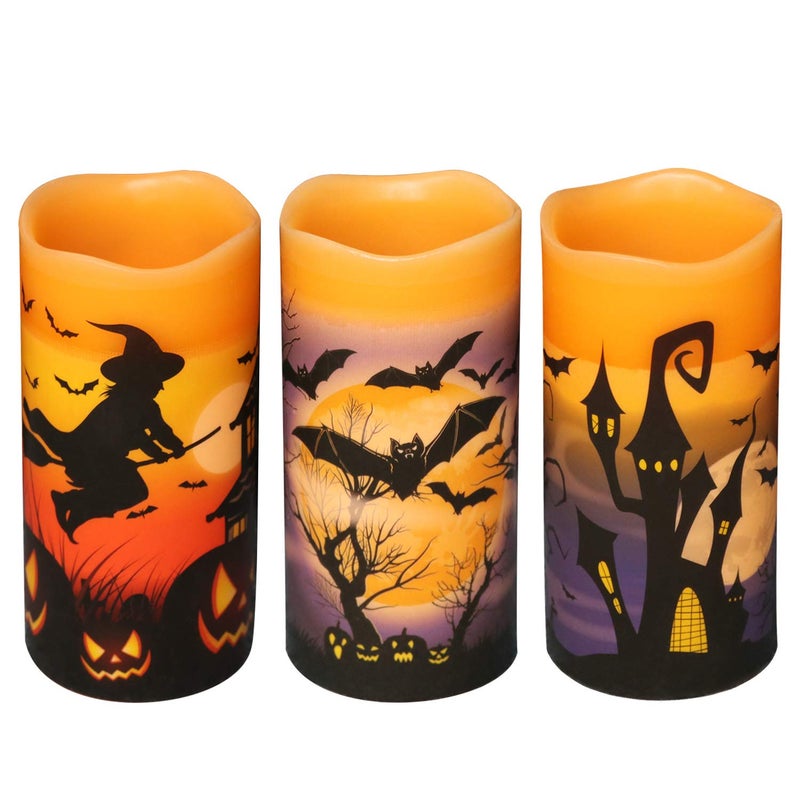 DRomance Halloween LED Flameless Pillar Candles Battery Operated with 6 Hour Timer Set of 3 Orange Wax Warm Light Flickering Witch Bats Castle Spooky Decals Halloween Decor Gifts(3 x 6 Inch) - Image 1
